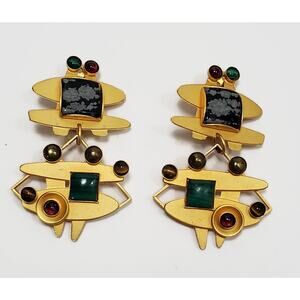 Vintage Gale Rothstein Semi-Precious Gemstone Matte Gold Plated Clip Earrings